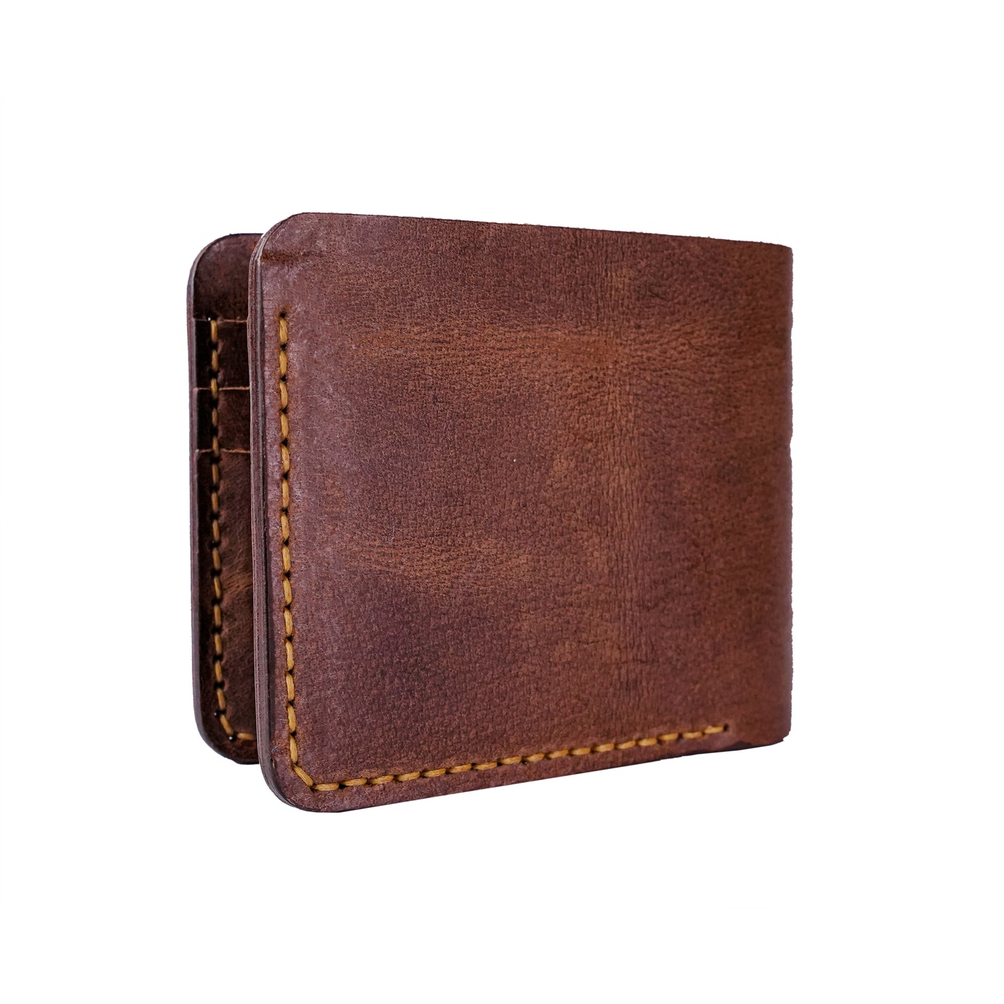 Bi-fold Pull-up Leather wallet, Hand Stitched. Camel Brown, RR-HD201