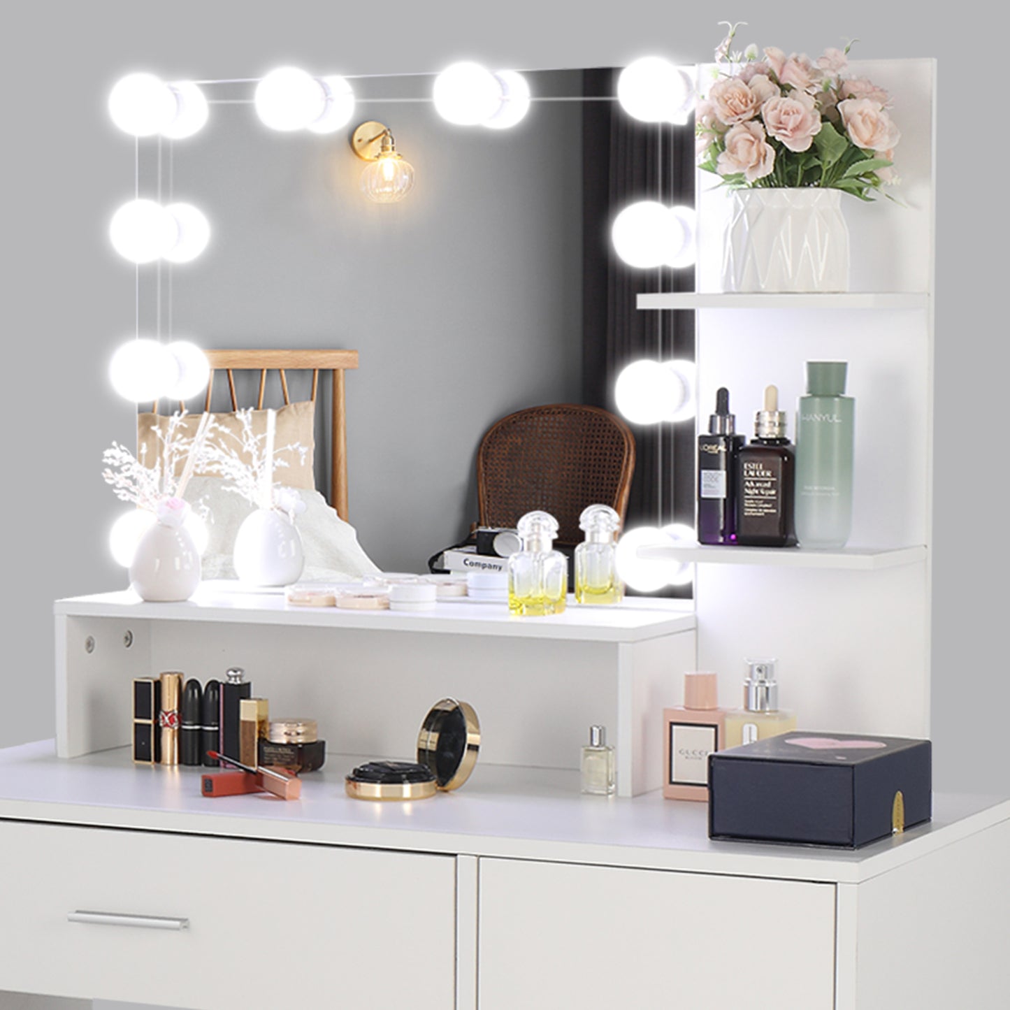 Vanity Set with 10 LED Bulbs, Makeup Table with Cushioned Stool, 3 Storage Shelves 1 Drawer 1 Cabinet, Dressing Table Dresser Desk for Women, Girls, Bedroom, White