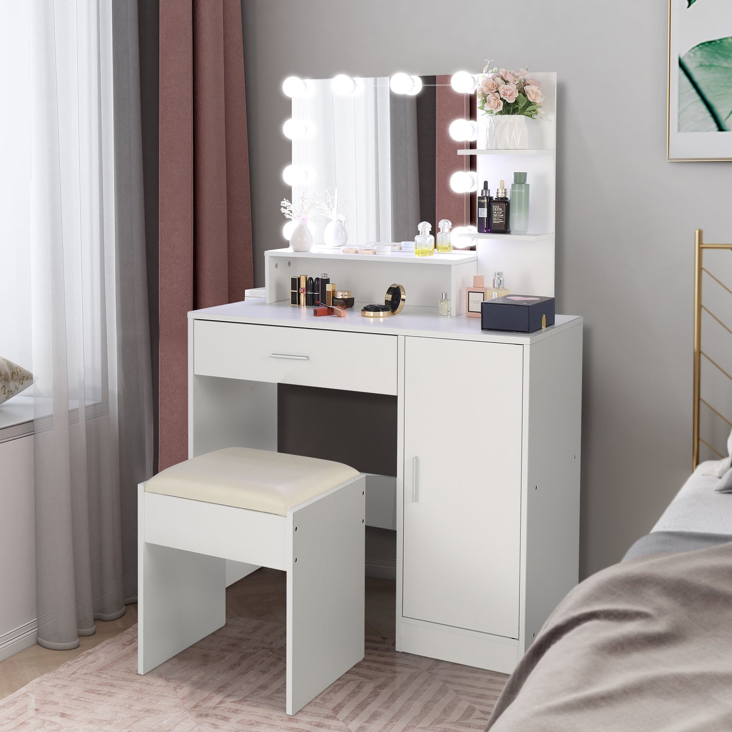Vanity Set with 10 LED Bulbs, Makeup Table with Cushioned Stool, 3 Storage Shelves 1 Drawer 1 Cabinet, Dressing Table Dresser Desk for Women, Girls, Bedroom, White