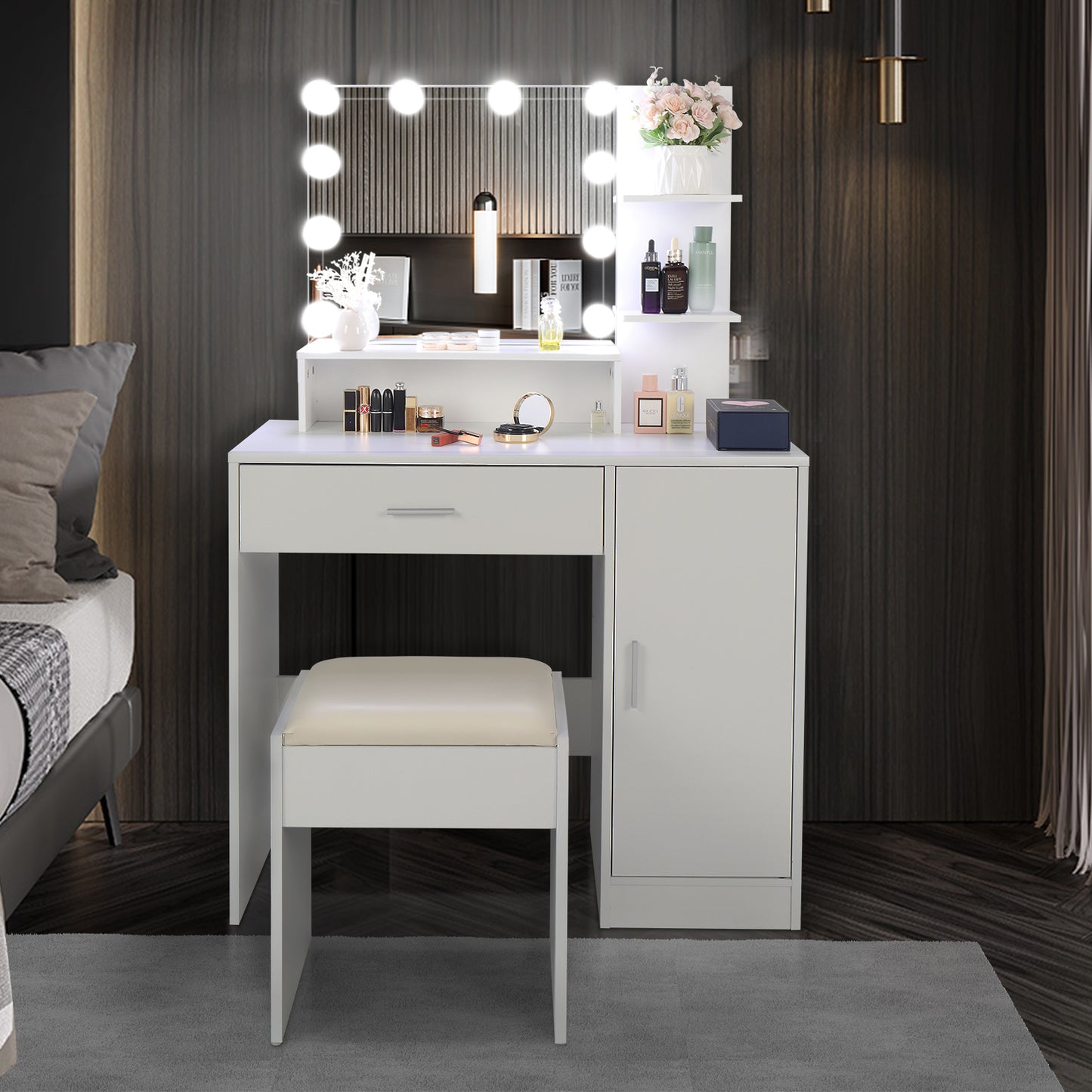 Vanity Set with 10 LED Bulbs, Makeup Table with Cushioned Stool, 3 Storage Shelves 1 Drawer 1 Cabinet, Dressing Table Dresser Desk for Women, Girls, Bedroom, White