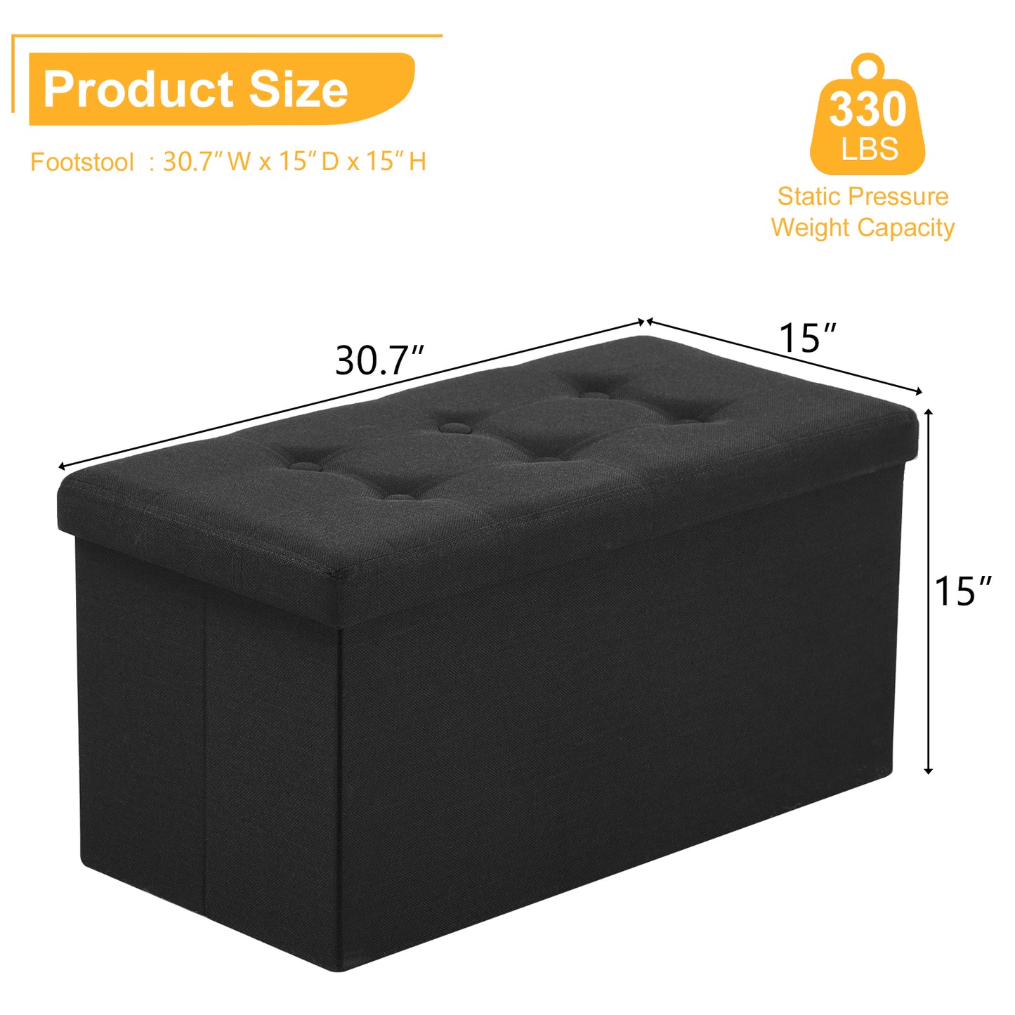 Foldable Storage Footstool Linen Black 76 x 38 x 38(cm)