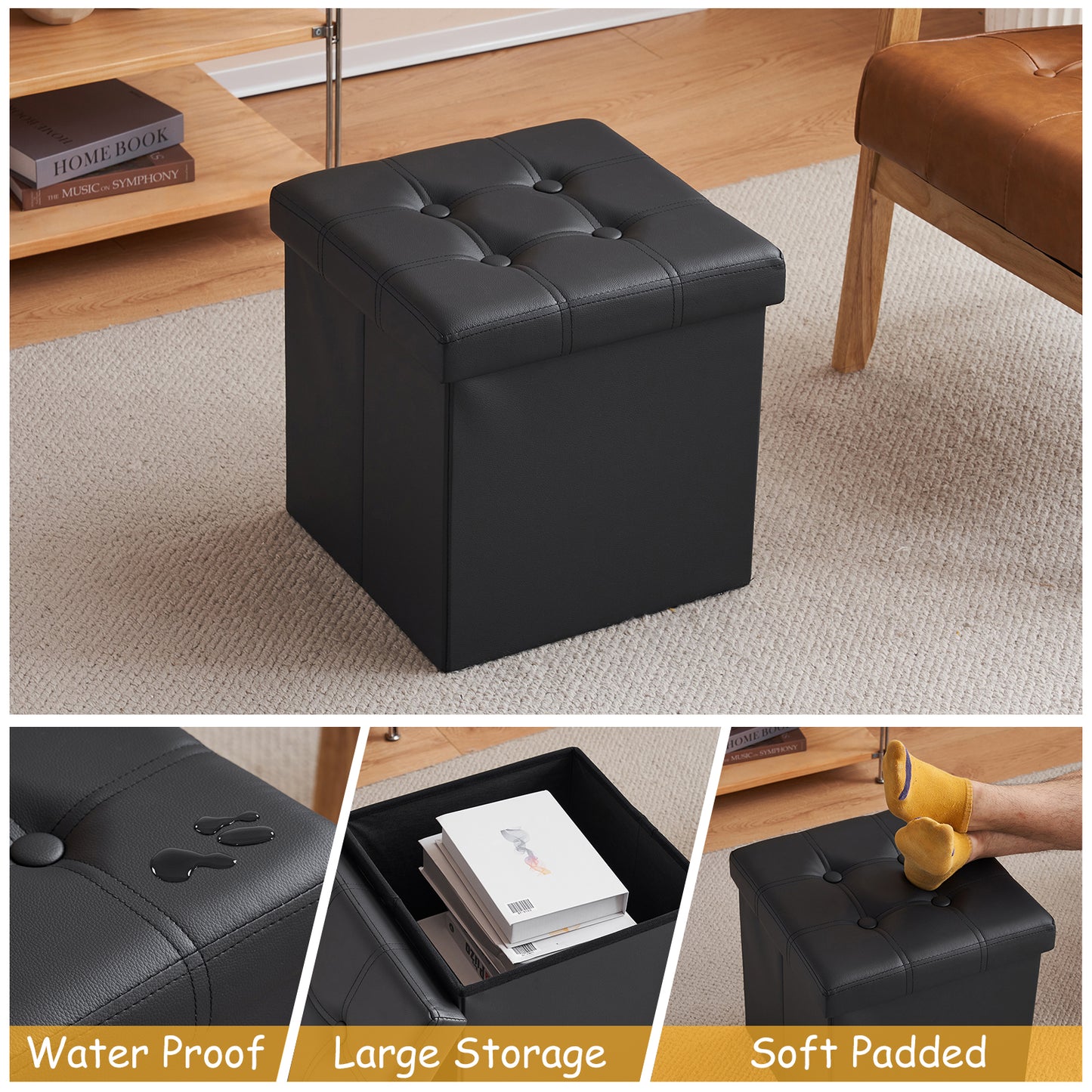 Foldable Storage Footstool Black 38 x 38 x 38(cm)