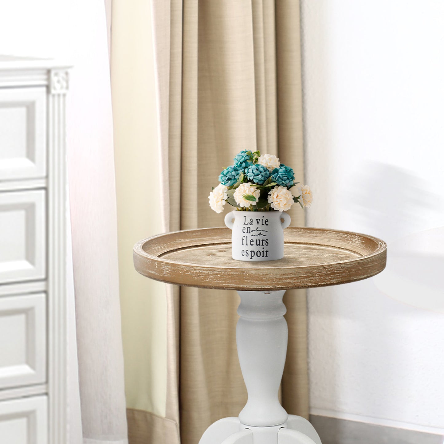 French Country Accent Table, Natural Wood, White