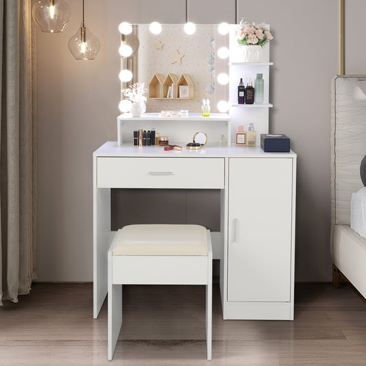 Vanity Set with 10 LED Bulbs, Makeup Table with Cushioned Stool, 3 Storage Shelves 1 Drawer 1 Cabinet, Dressing Table Dresser Desk for Women, Girls, Bedroom, White