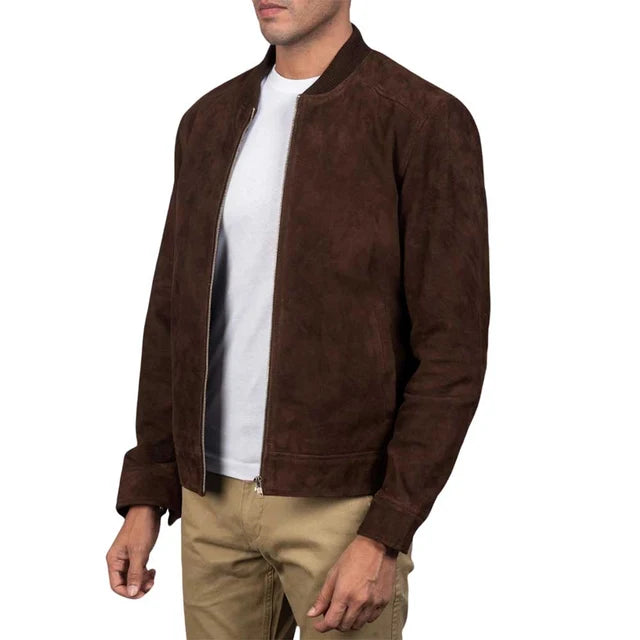 Men's Genuine Sheepskin Suede Bomber Jacket