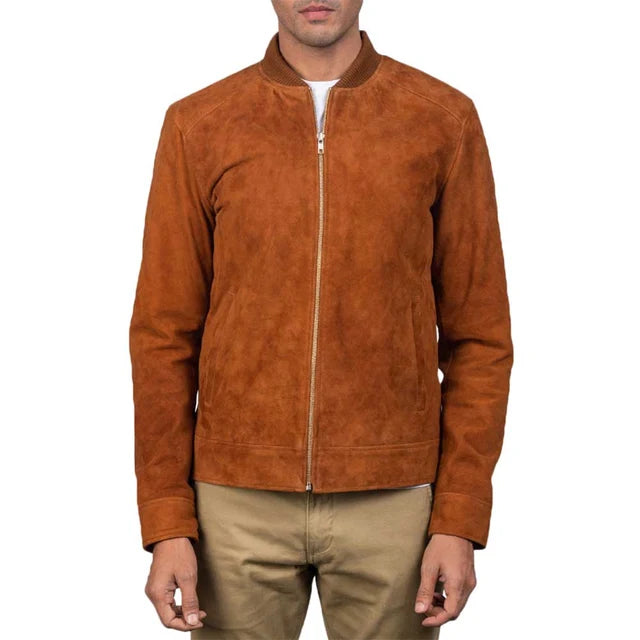 Men's Genuine Sheepskin Suede Bomber Jacket