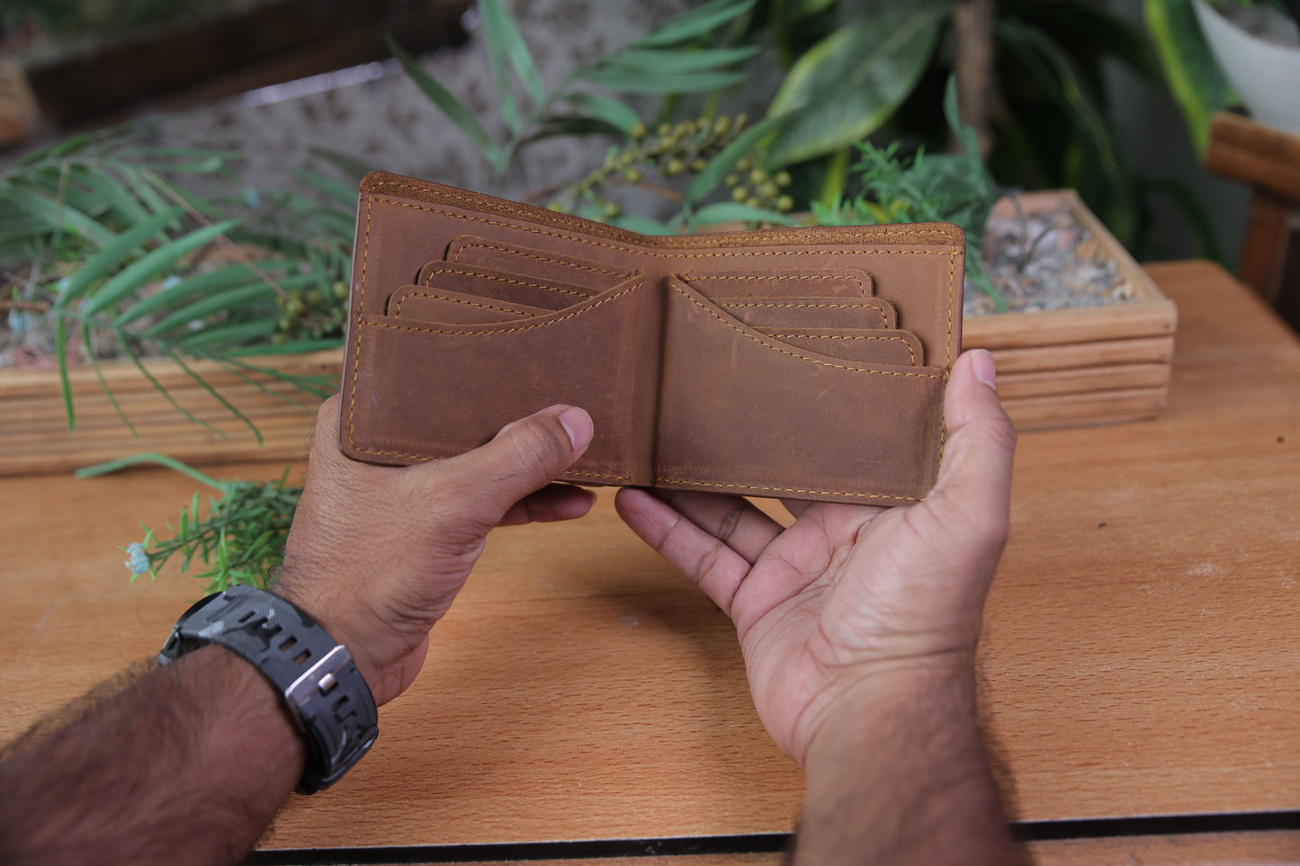 Bifold Leather Wallet, Crazy Horse Leather, Butterfly Style, Light Brown, RR-BF-140