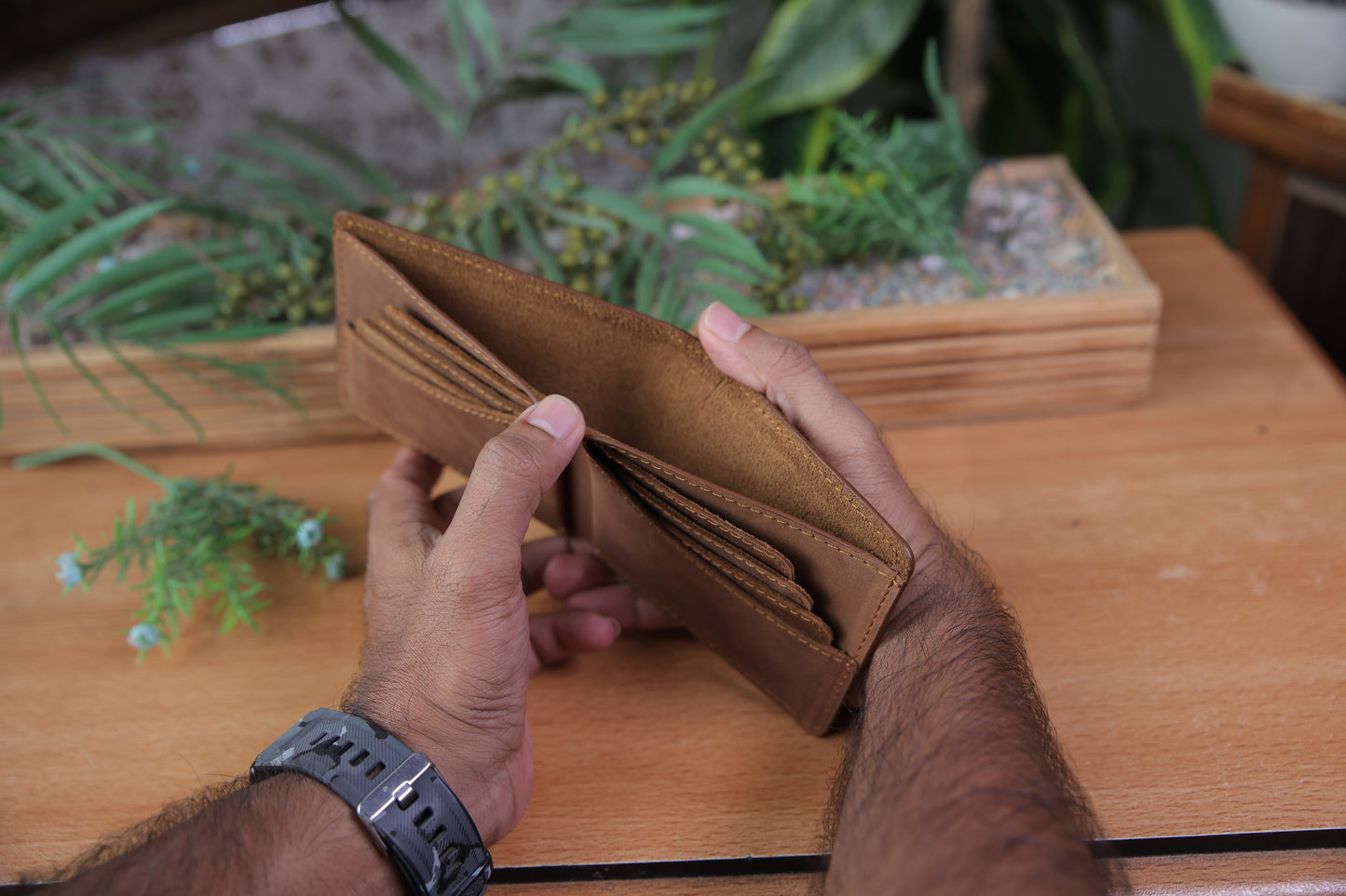 Bifold Leather Wallet, Crazy Horse Leather, Butterfly Style, Light Brown, RR-BF-140