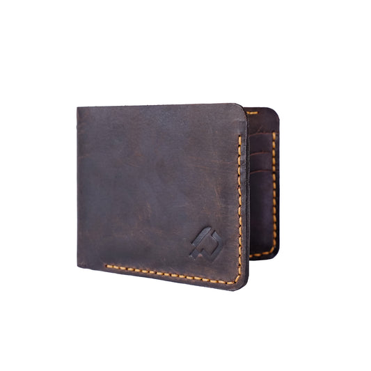 Bi-fold Pull-up Leather wallet, Hand Stitched. Dark Brown, RR-HD202