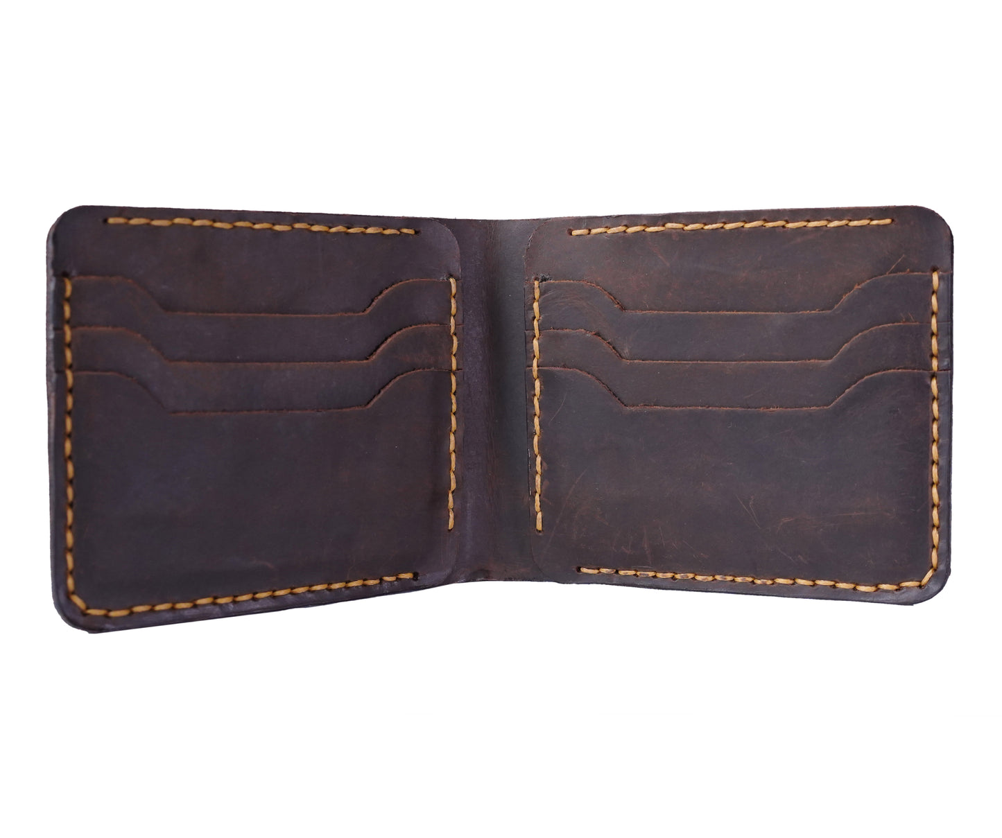 Bi-fold Pull-up Leather wallet, Hand Stitched. Dark Brown, RR-HD202