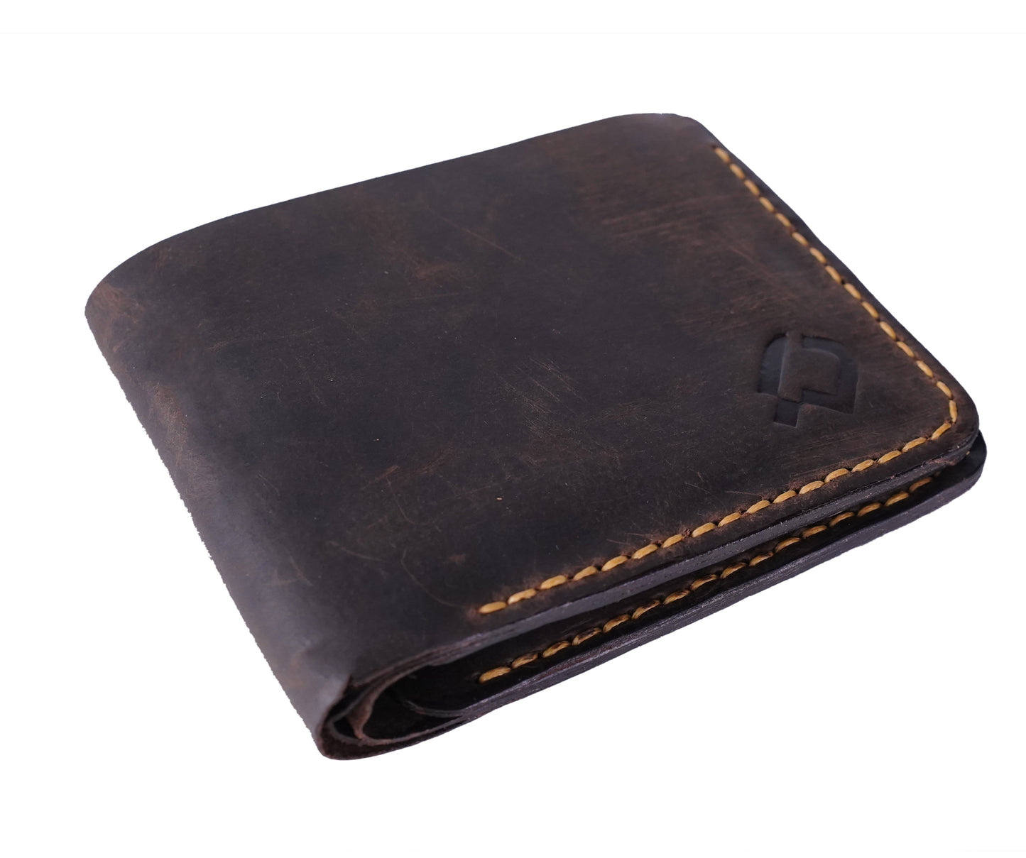 Bi-fold Pull-up Leather wallet, Hand Stitched. Dark Brown, RR-HD202