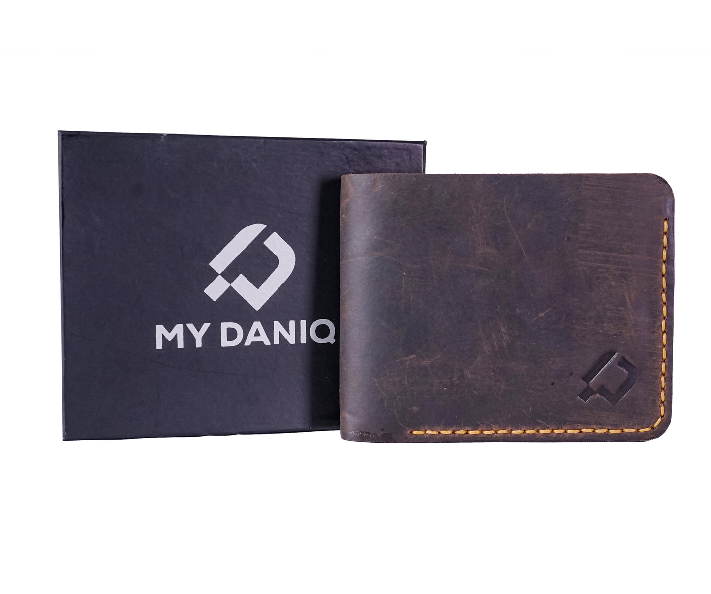 Bi-fold Pull-up Leather wallet, Hand Stitched. Dark Brown, RR-HD202