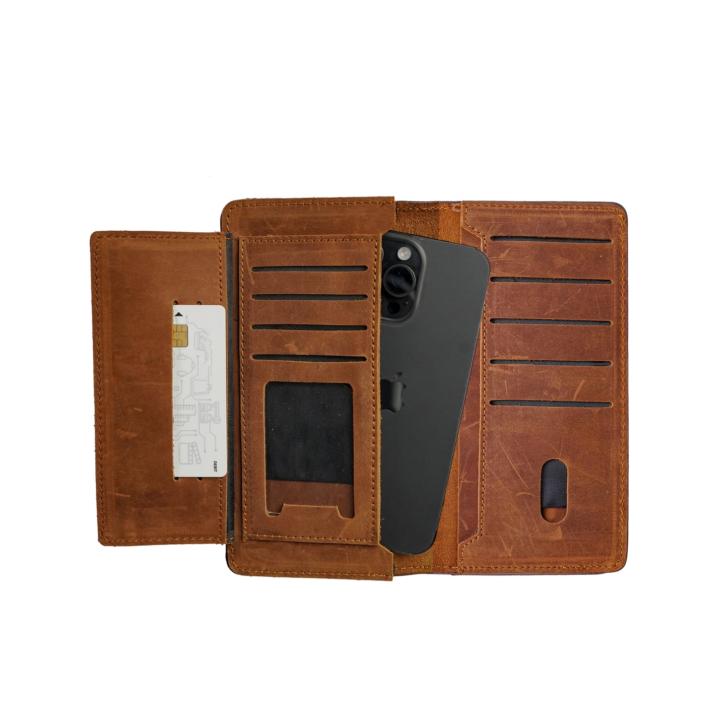 Bi-Fold Long Wallet, Crazy Horse Leather, Mobile Pocket, Card Slots, Light Brown. RR-162