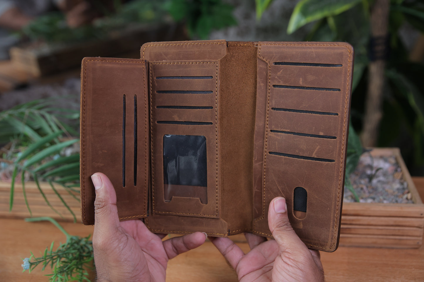 Bi-Fold Long Wallet, Crazy Horse Leather, Mobile Pocket, Card Slots, Light Brown. RR-162