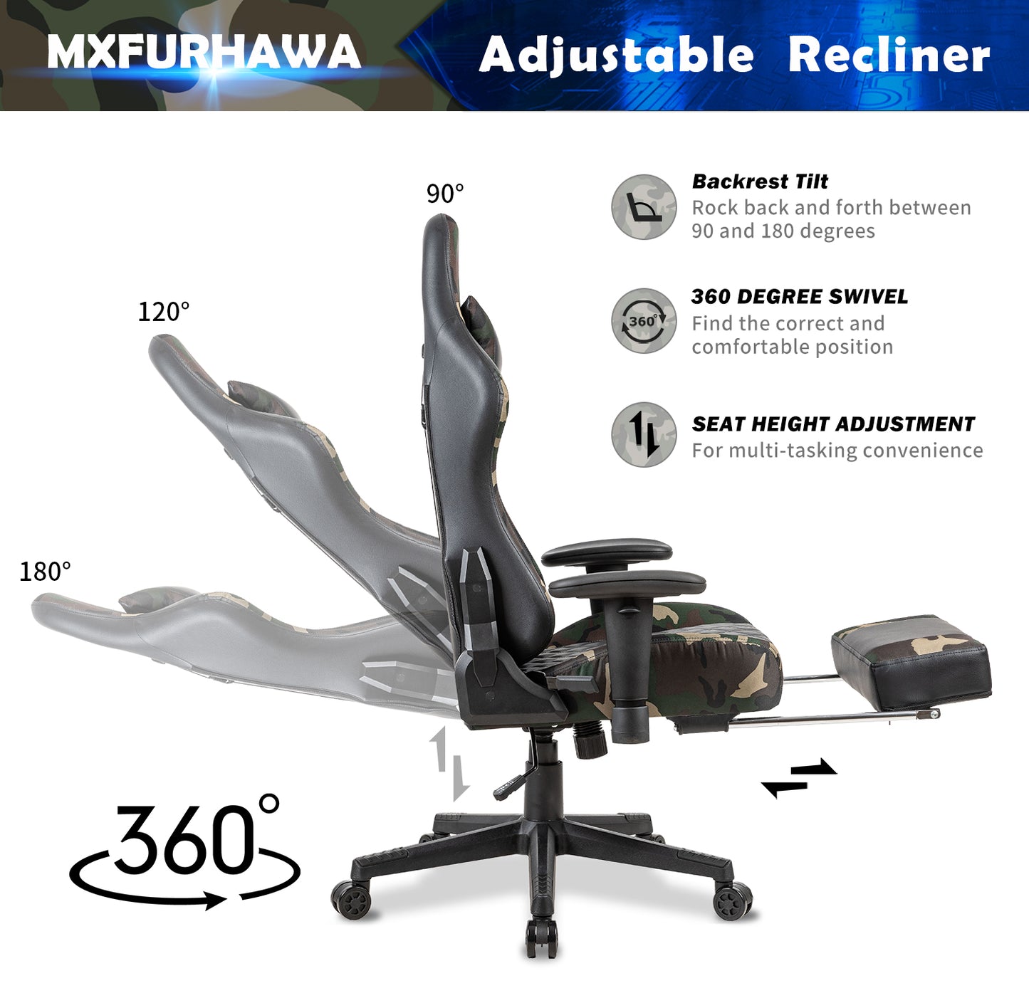 Gaming Chair Ergonomic 360°Swivel Rolling Chair, for Office or Gaming