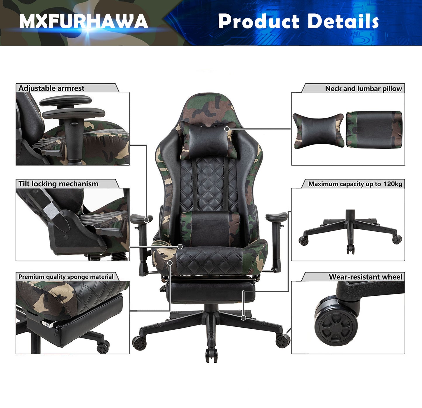 Gaming Chair Ergonomic 360°Swivel Rolling Chair, for Office or Gaming