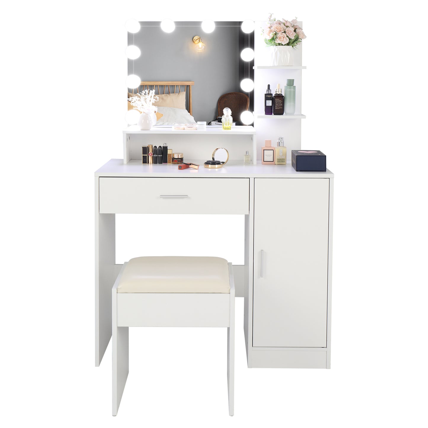 Vanity Set with 10 LED Bulbs, Makeup Table with Cushioned Stool, 3 Storage Shelves 1 Drawer 1 Cabinet, Dressing Table Dresser Desk for Women, Girls, Bedroom, White