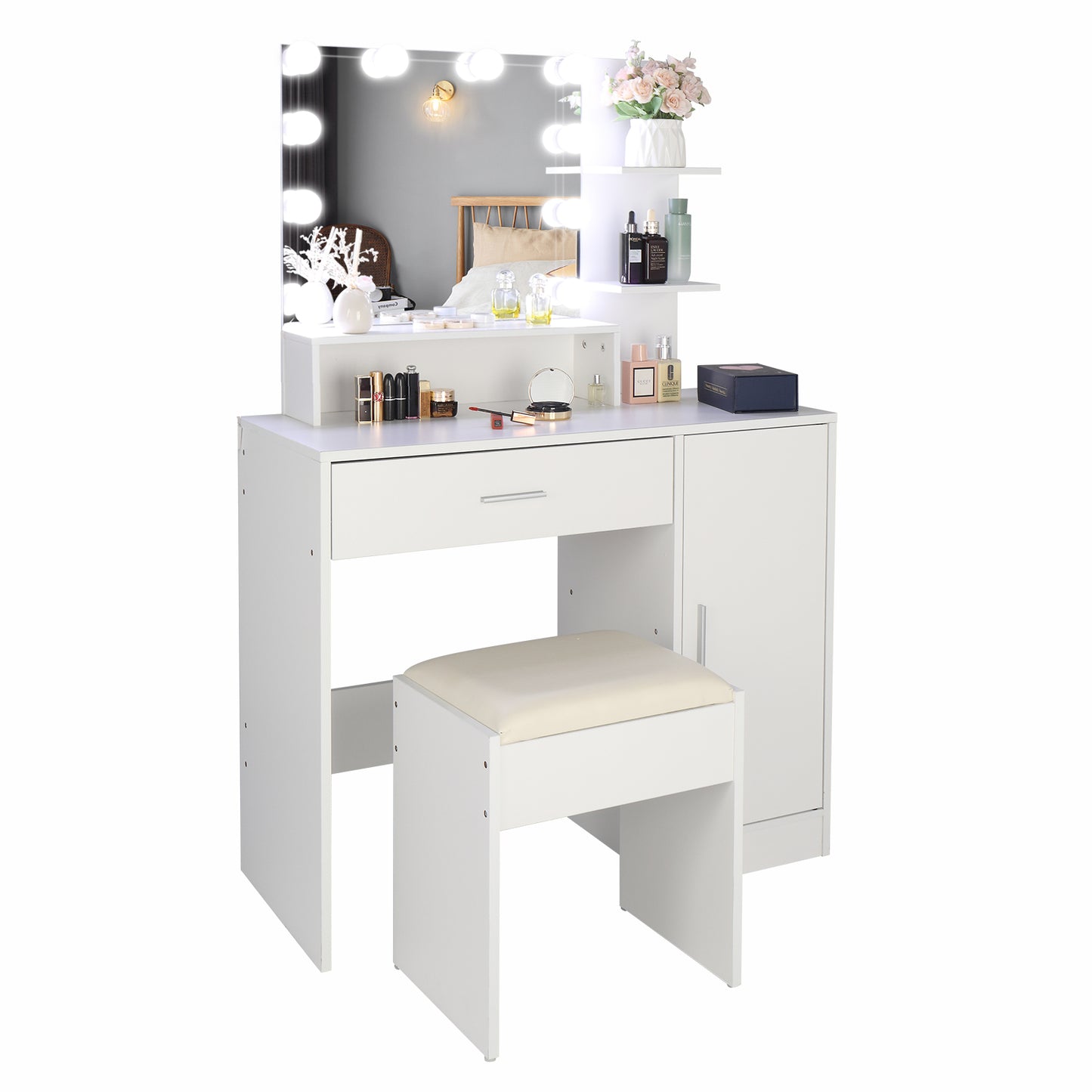 Vanity Set with 10 LED Bulbs, Makeup Table with Cushioned Stool, 3 Storage Shelves 1 Drawer 1 Cabinet, Dressing Table Dresser Desk for Women, Girls, Bedroom, White