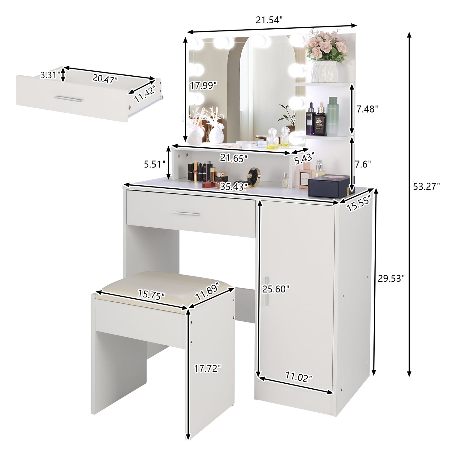 Vanity Set with 10 LED Bulbs, White