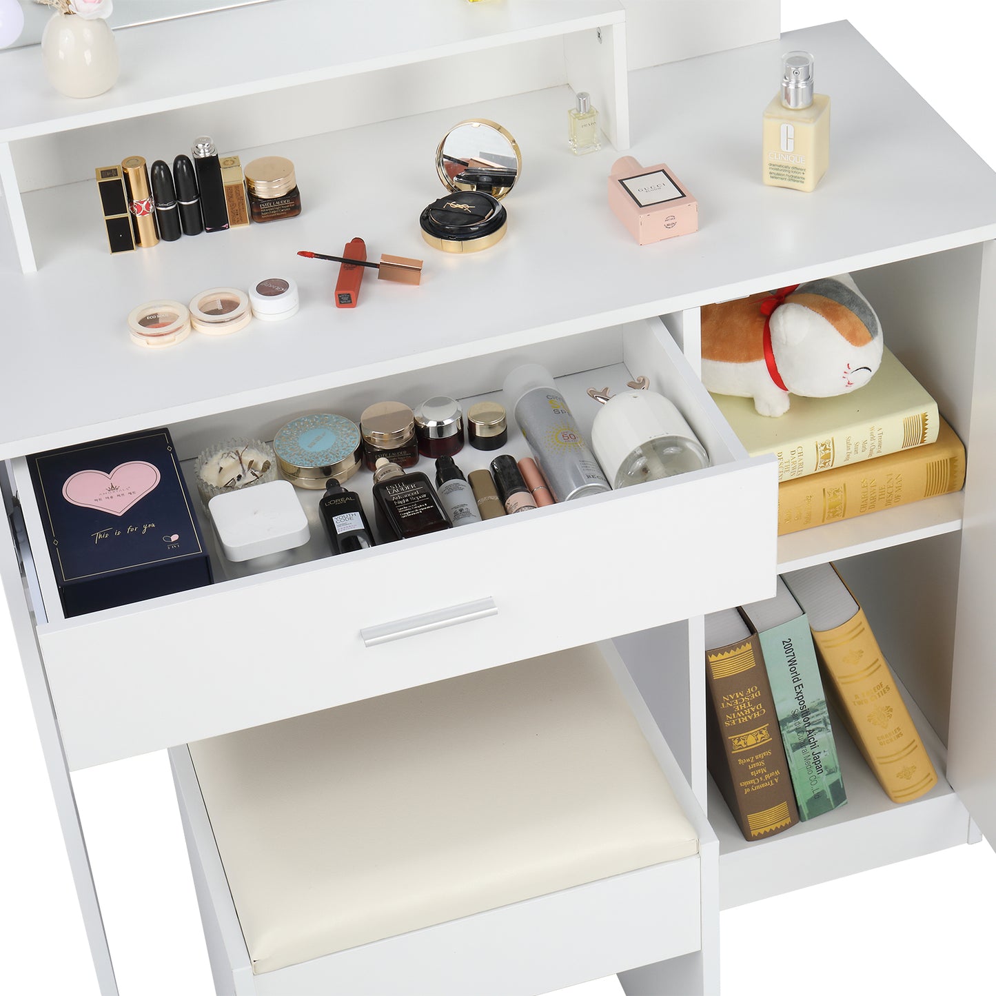 Vanity Set with 10 LED Bulbs, Makeup Table with Cushioned Stool, 3 Storage Shelves 1 Drawer 1 Cabinet, Dressing Table Dresser Desk for Women, Girls, Bedroom, White