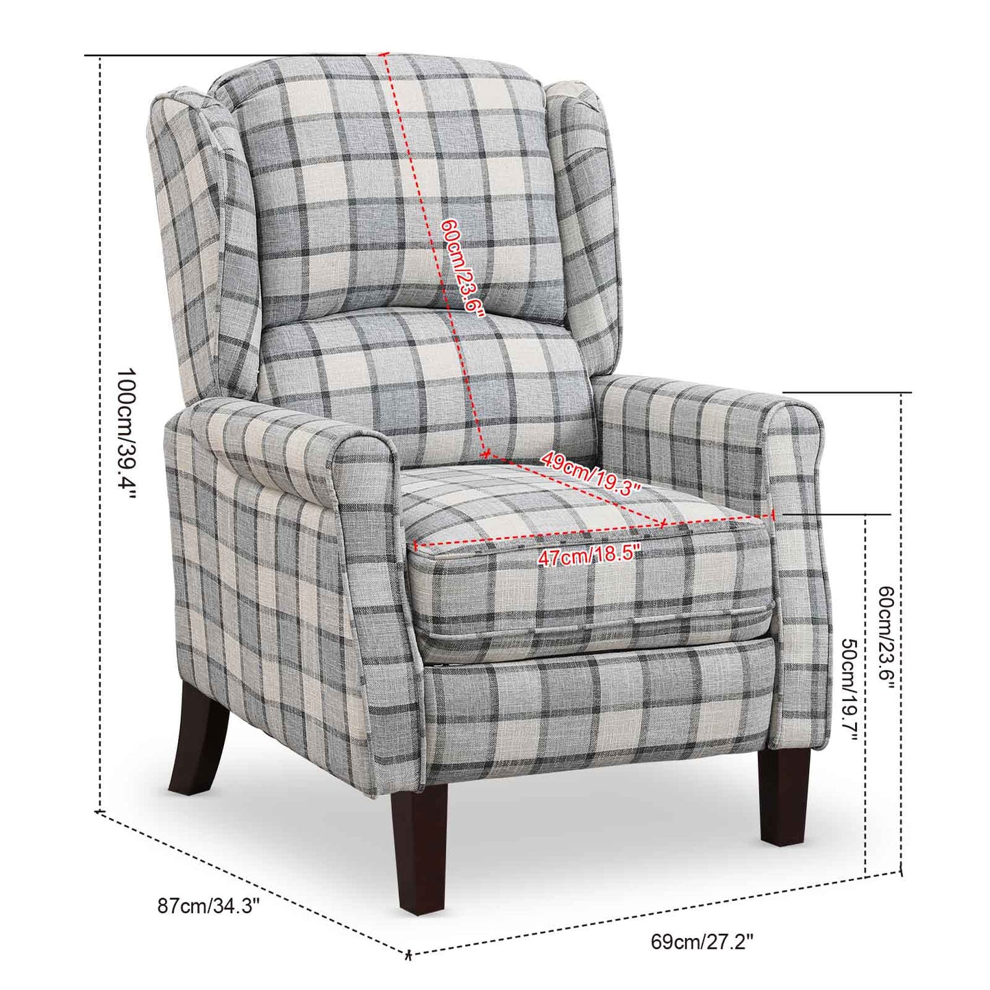Tartan Reclining Chair, Light Grey