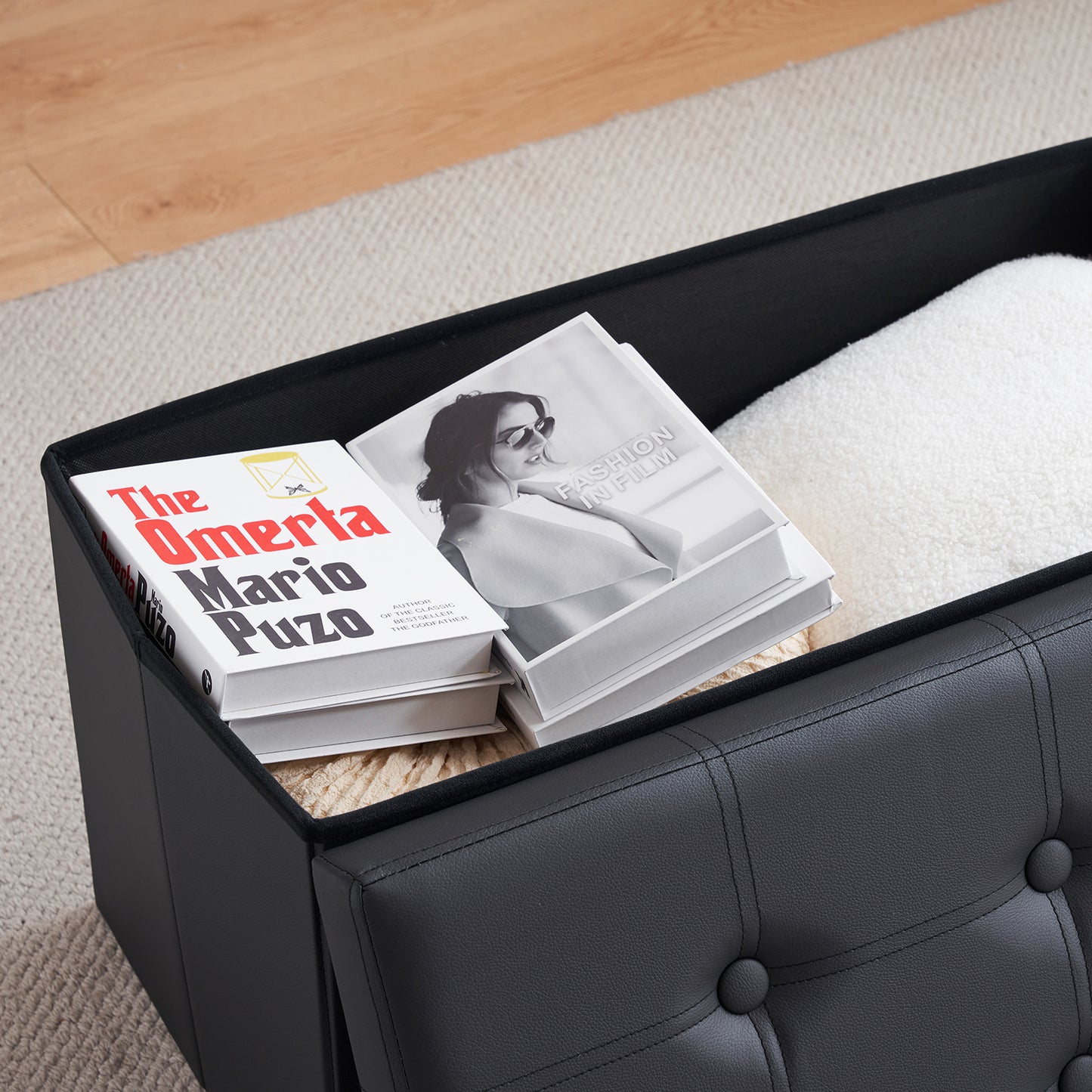 Foldable Storage Footstool Black 76 x 38 x 38(cm)