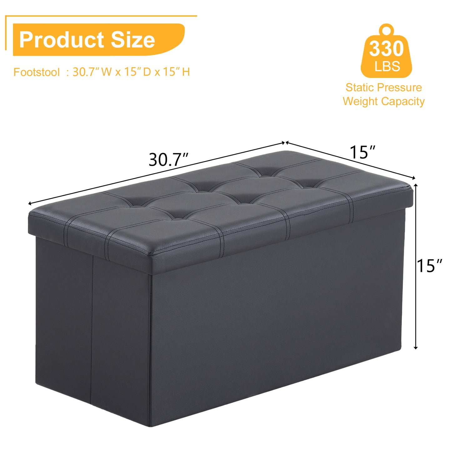 Foldable Storage Footstool Black 76 x 38 x 38(cm)