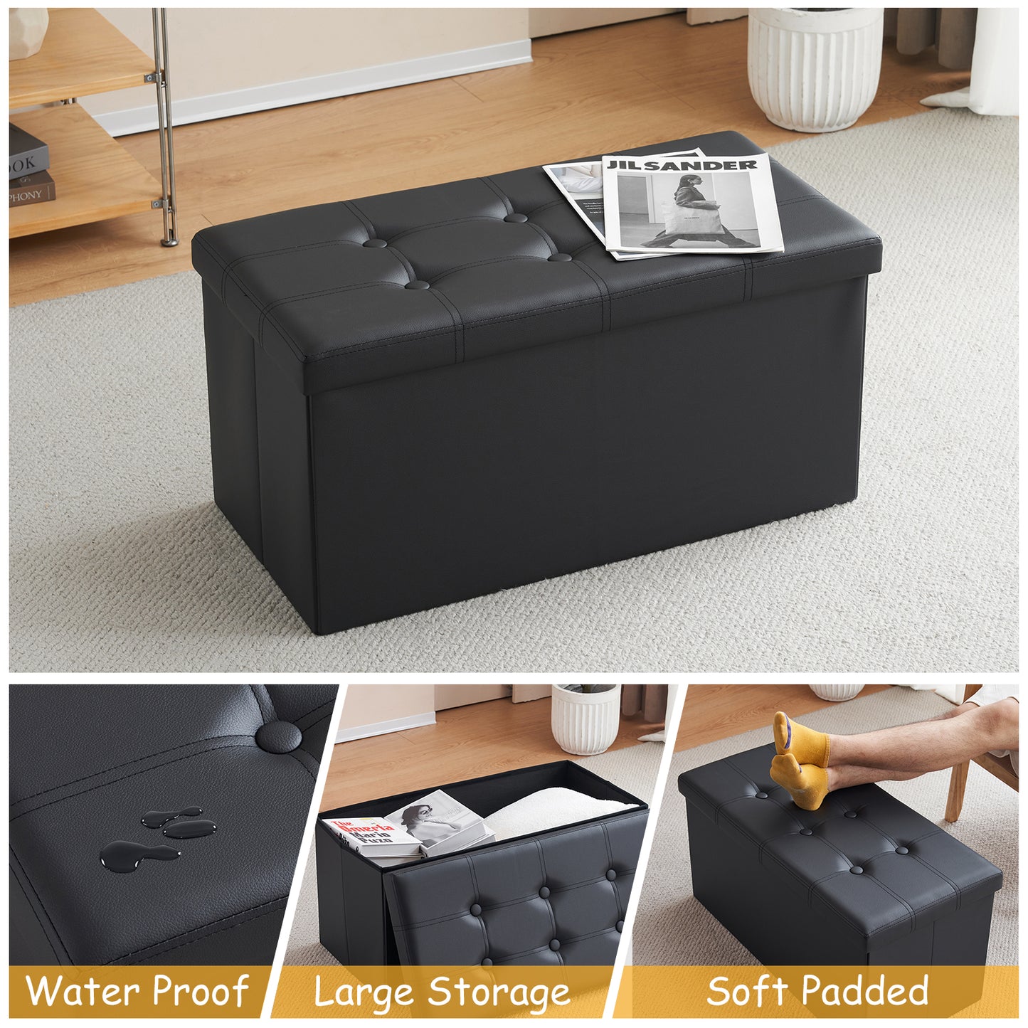 Foldable Storage Footstool Black 76 x 38 x 38(cm)