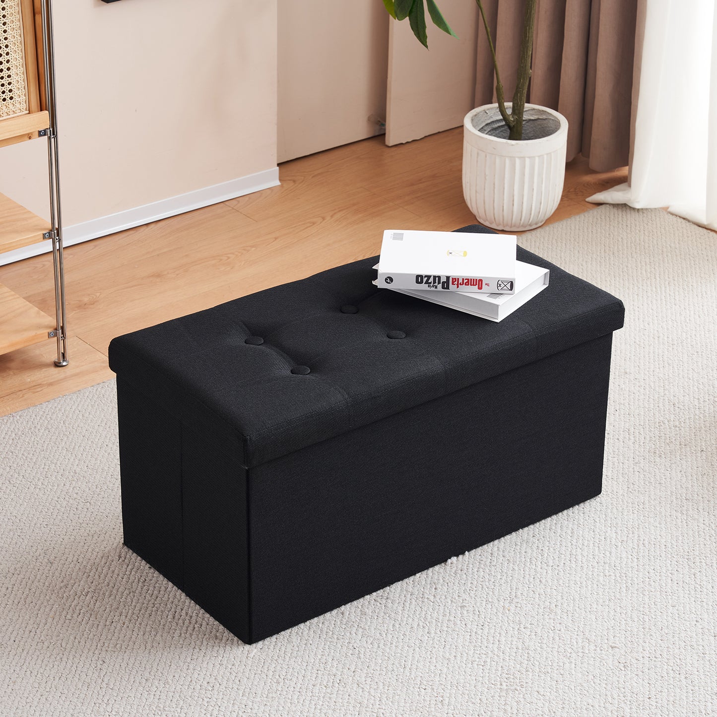 Foldable Storage Footstool Linen Black 76 x 38 x 38(cm)