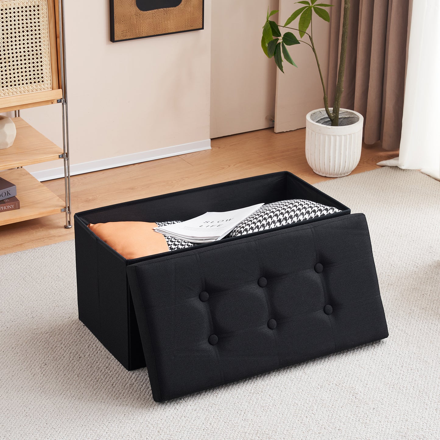 Foldable Storage Footstool Linen Black 76 x 38 x 38(cm)