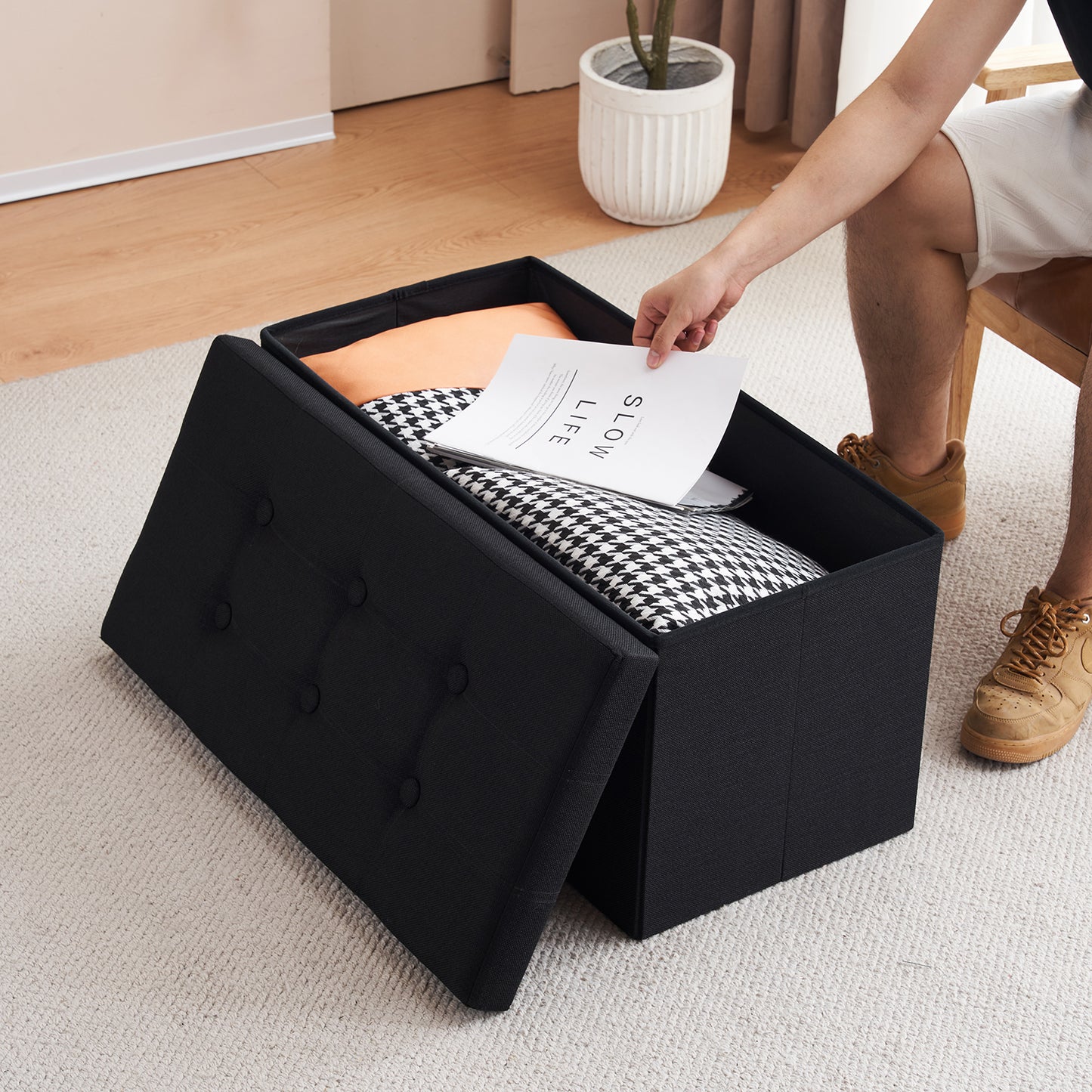 Foldable Storage Footstool Linen Black 76 x 38 x 38(cm)
