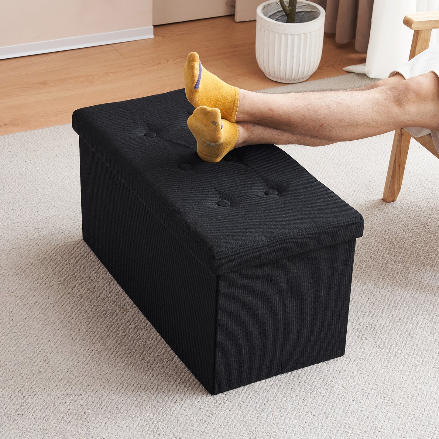 Foldable Storage Footstool Linen Black 76 x 38 x 38(cm)