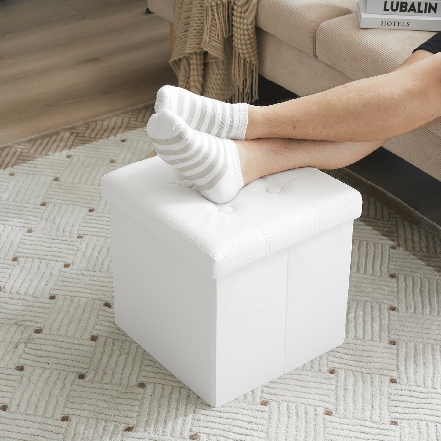 Foldable Storage Footstool White 38 x 38 x 38(cm)