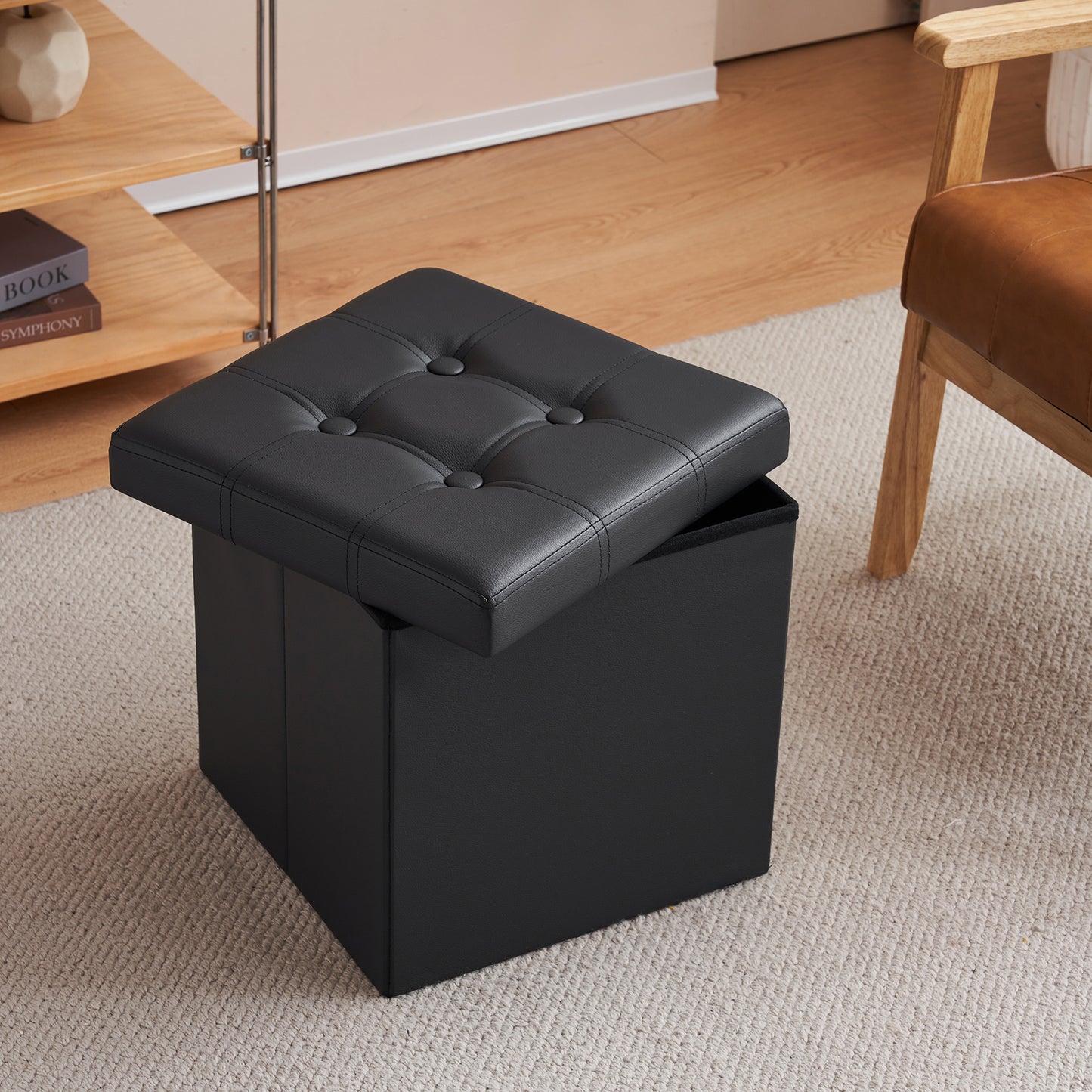 Foldable Storage Footstool Black 38 x 38 x 38(cm)