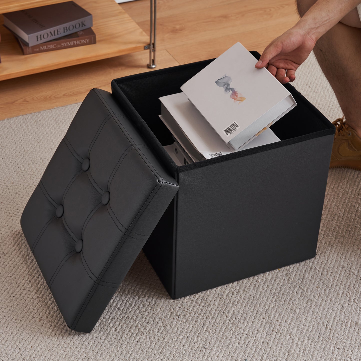 Foldable Storage Footstool Black 38 x 38 x 38(cm)