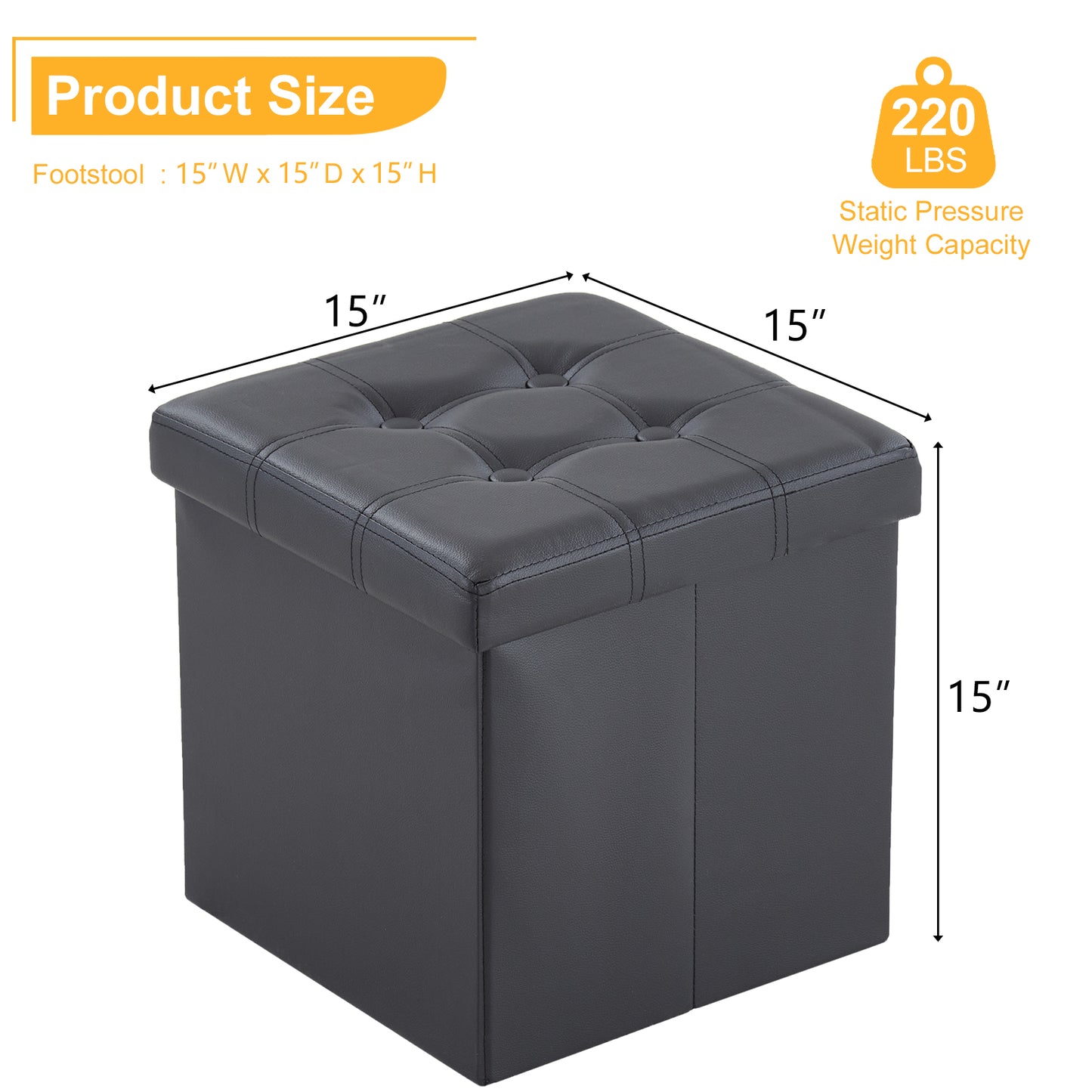 Foldable Storage Footstool Black 38 x 38 x 38(cm)