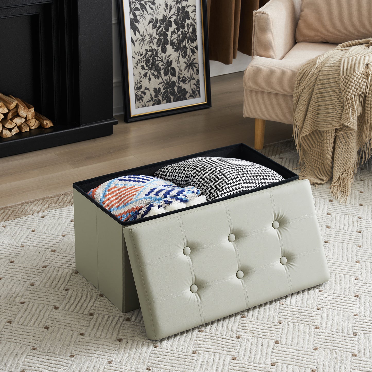 Foldable Storage Footstool Oak Grey 76 x 38 x 38(cm)
